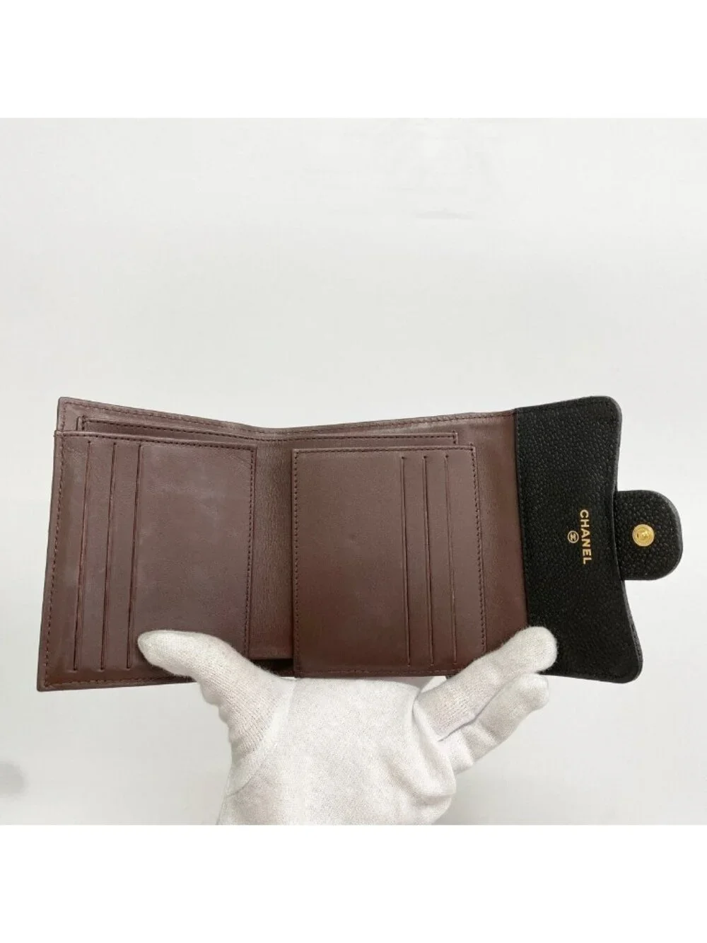 Chanel Trifold Wallet Quilted Caviar Leather Black Gold